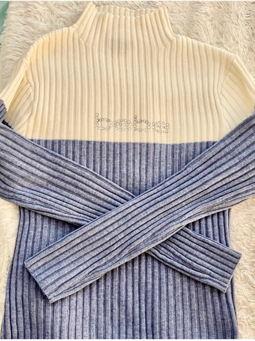 Bebe Cream and Heather Blue Ribbed Turtleneck Sweater